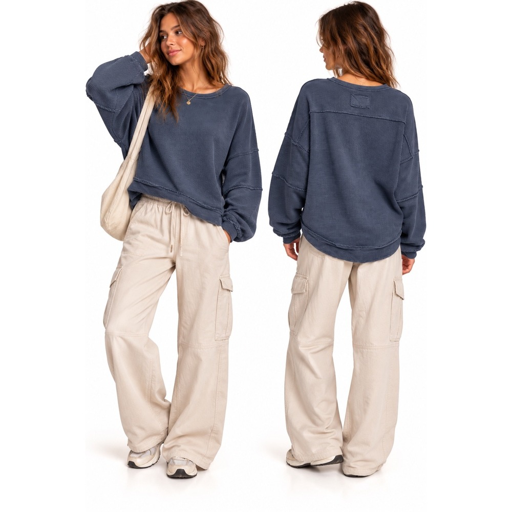 Free People We The Free Early Night Top Medium Blue Ribbed Oversized Boho Slouch